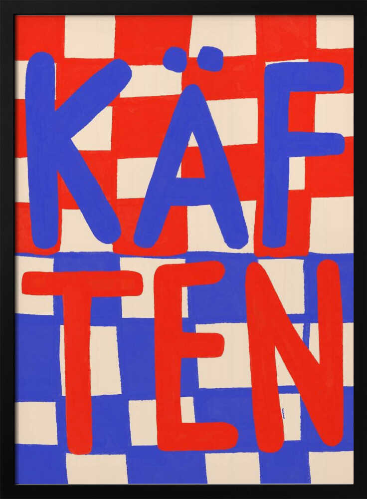 A bold graphic art print featuring the word 'KÄFTEN' split into two lines against a checkerboard background. The top line 'KÄF' is in blue text over a red and cream checker pattern. The bottom line 'TEN' is in red text over a blue and cream checker pattern. The style is playful and hand-painted, enclosed in a thin black frame. Wall Art