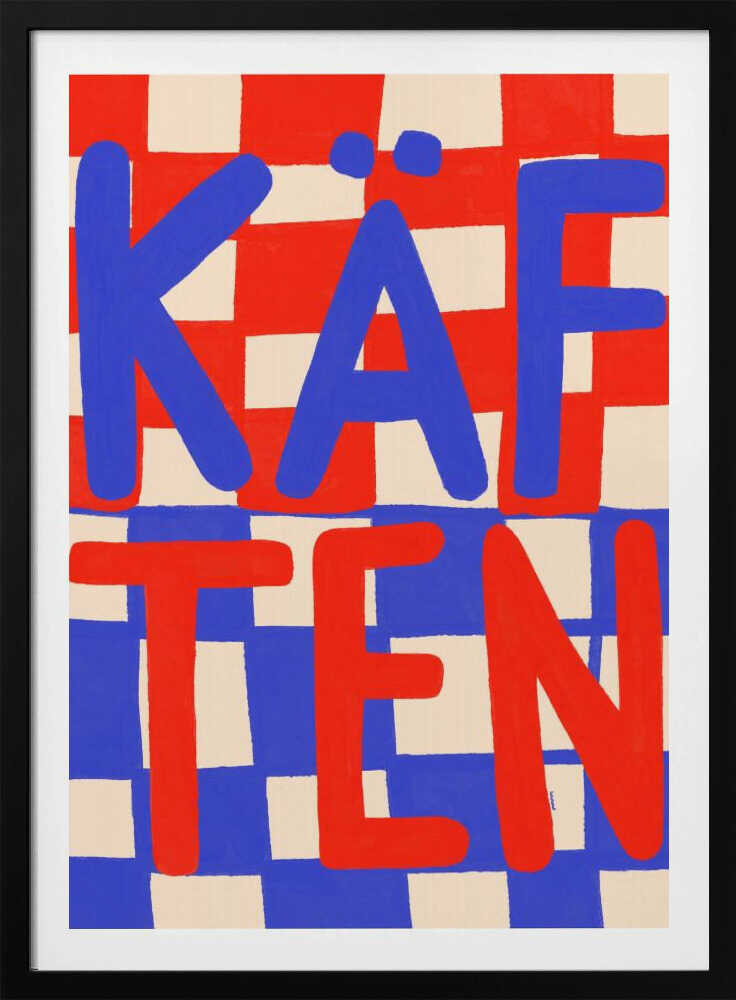 A bold graphic art print featuring the word 'KÄFTEN' split into two lines against a checkerboard background. The top line 'KÄF' is in blue text over a red and cream checker pattern. The bottom line 'TEN' is in red text over a blue and cream checker pattern. The style is playful and hand-painted, enclosed in a thin black frame. Wall Art