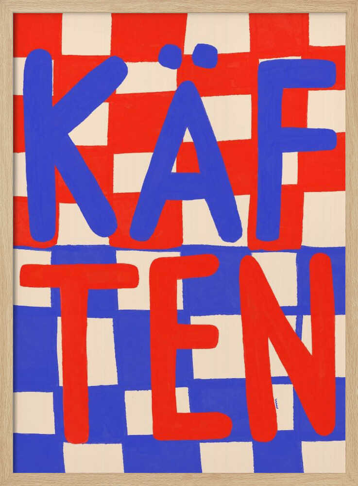 A bold graphic art print featuring the word 'KÄFTEN' split into two lines against a checkerboard background. The top line 'KÄF' is in blue text over a red and cream checker pattern. The bottom line 'TEN' is in red text over a blue and cream checker pattern. The style is playful and hand-painted, enclosed in a thin black frame. Wall Art