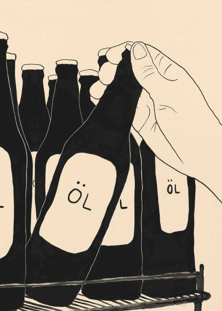 A minimalist illustration in black and cream showing a hand picking up a dark glass bottle from a rack. The bottle has a simple white label with the word 'ÖL'. Other similar bottles are visible in the background. Wall Art