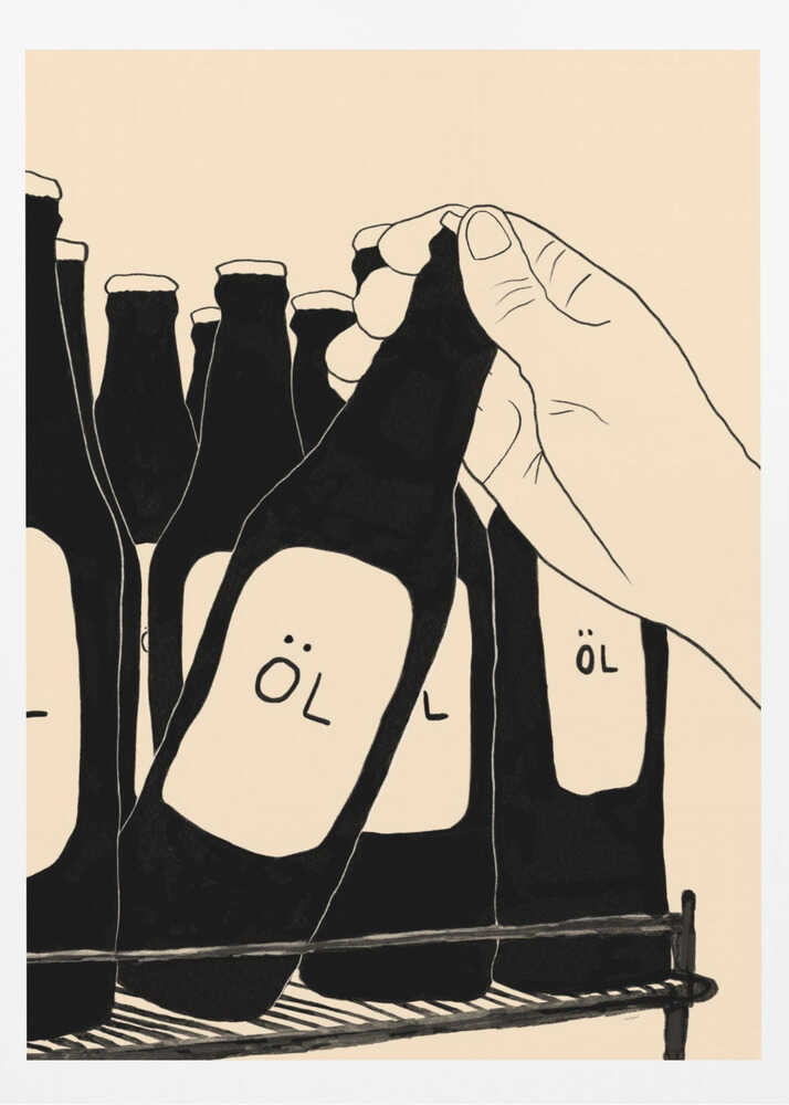 A minimalist illustration in black and cream showing a hand picking up a dark glass bottle from a rack. The bottle has a simple white label with the word 'ÖL'. Other similar bottles are visible in the background. Wall Art