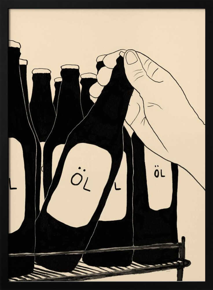A minimalist illustration in black and cream showing a hand picking up a dark glass bottle from a rack. The bottle has a simple white label with the word 'ÖL'. Other similar bottles are visible in the background. Wall Art