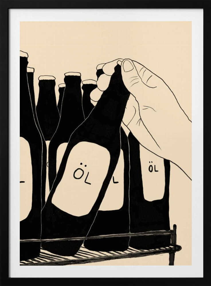 A minimalist illustration in black and cream showing a hand picking up a dark glass bottle from a rack. The bottle has a simple white label with the word 'ÖL'. Other similar bottles are visible in the background. Wall Art