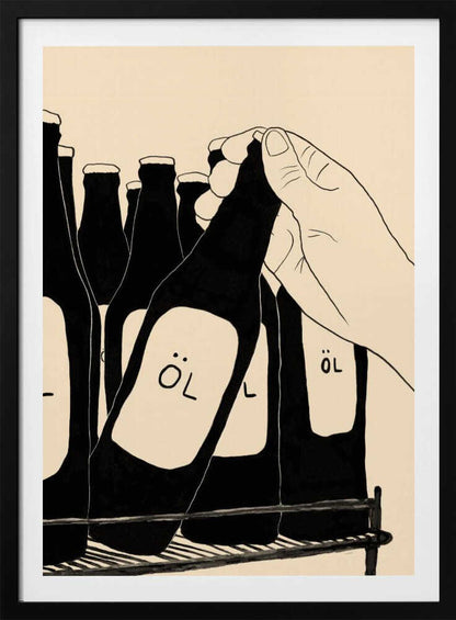 A minimalist illustration in black and cream showing a hand picking up a dark glass bottle from a rack. The bottle has a simple white label with the word 'ÖL'. Other similar bottles are visible in the background. Wall Art