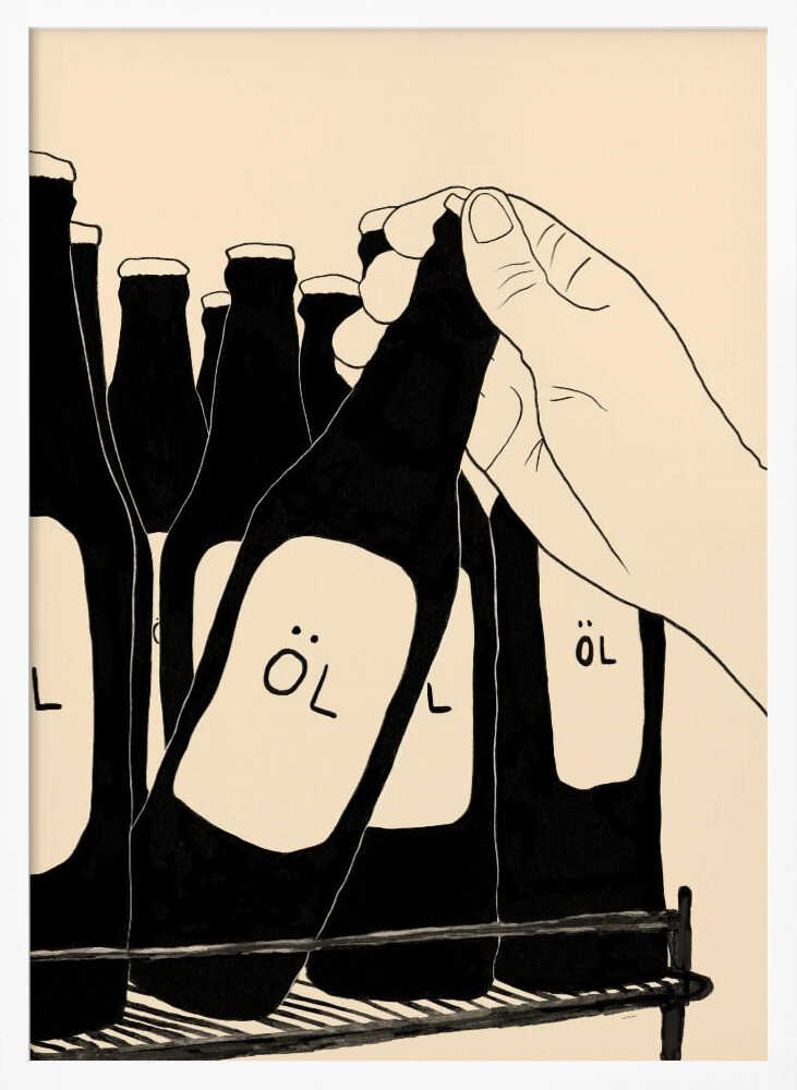 A minimalist illustration in black and cream showing a hand picking up a dark glass bottle from a rack. The bottle has a simple white label with the word 'ÖL'. Other similar bottles are visible in the background. Wall Art