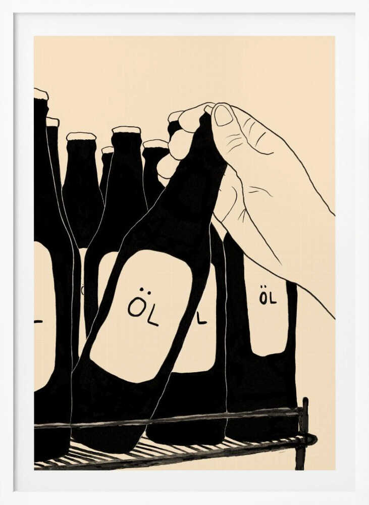 A minimalist illustration in black and cream showing a hand picking up a dark glass bottle from a rack. The bottle has a simple white label with the word 'ÖL'. Other similar bottles are visible in the background. Wall Art