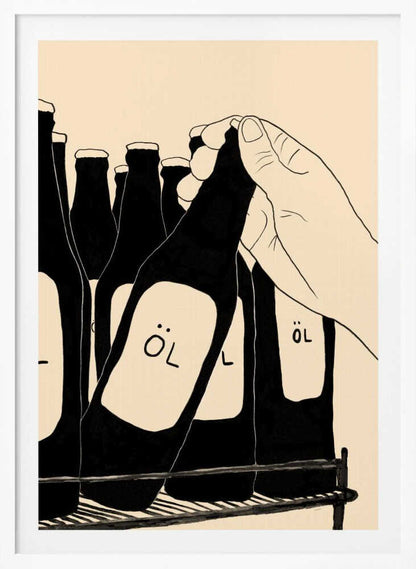A minimalist illustration in black and cream showing a hand picking up a dark glass bottle from a rack. The bottle has a simple white label with the word 'ÖL'. Other similar bottles are visible in the background. Wall Art