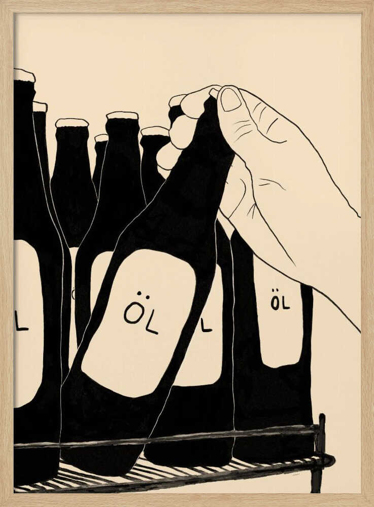 A minimalist illustration in black and cream showing a hand picking up a dark glass bottle from a rack. The bottle has a simple white label with the word 'ÖL'. Other similar bottles are visible in the background. Wall Art