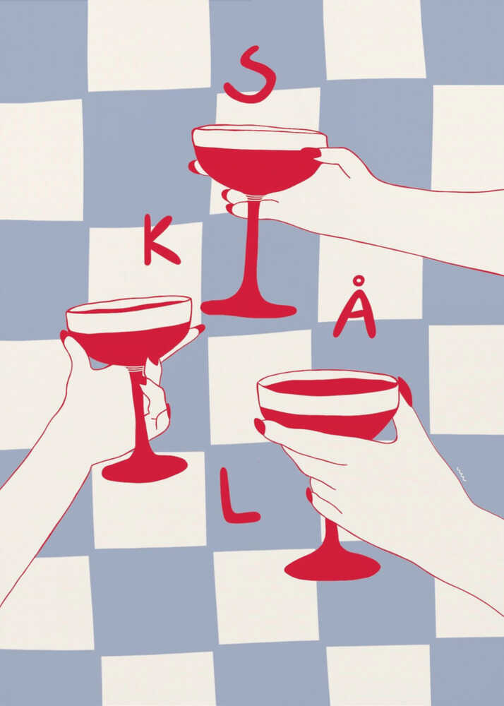 A graphic illustration in a black frame showing three hands holding red coupe glasses in a toast. The background is a blue and white checkerboard pattern, and the letters S, K, Å, L are scattered in red, spelling the Swedish word for 'Cheers'. Poster