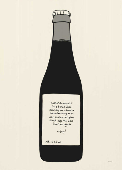 A minimalist illustration of a dark bottle against an off-white background, enclosed in a black frame. The bottle has a white label with handwritten Swedish text that reads: 'saker du absolut inte borde dela med dig av i sociala sammanhang men som du kommer göra ändå och må skit över imorgon enjoy! alk. 5.2% vol'. Print
