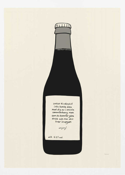 A minimalist illustration of a dark bottle against an off-white background, enclosed in a black frame. The bottle has a white label with handwritten Swedish text that reads: 'saker du absolut inte borde dela med dig av i sociala sammanhang men som du kommer göra ändå och må skit över imorgon enjoy! alk. 5.2% vol'. Print