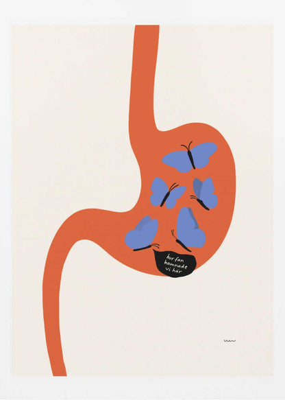 A minimalist art print showing a large, orange, stylized human stomach against a cream background. Inside the stomach are five blue butterflies, one of which has a black speech bubble with the Swedish text 'hur fan hamnade vi här' ('how the hell did we end up here'). Poster