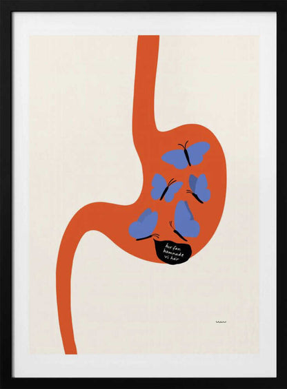 A minimalist art print showing a large, orange, stylized human stomach against a cream background. Inside the stomach are five blue butterflies, one of which has a black speech bubble with the Swedish text 'hur fan hamnade vi här' ('how the hell did we end up here'). Poster