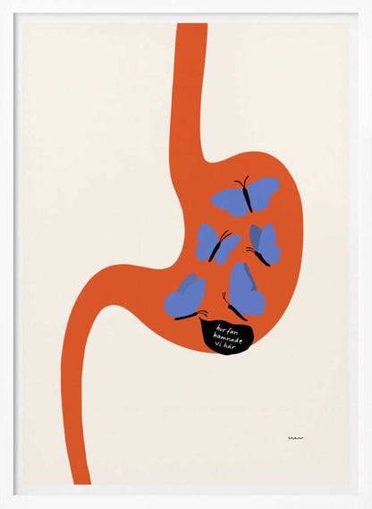 A minimalist art print showing a large, orange, stylized human stomach against a cream background. Inside the stomach are five blue butterflies, one of which has a black speech bubble with the Swedish text 'hur fan hamnade vi här' ('how the hell did we end up here'). Poster