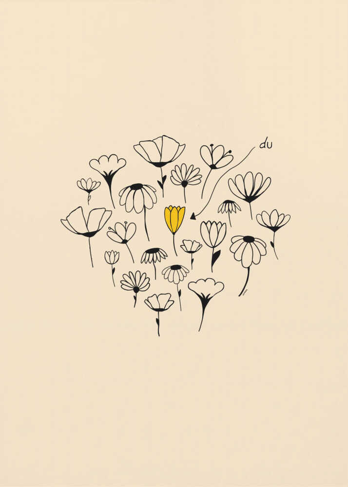 A minimalist art print with a cream-colored background and a thin black frame. In the center is a circular cluster of hand-drawn wildflowers in black ink, with one single flower colored a vibrant yellow, creating a pop of color. The style is simple and whimsical. Print