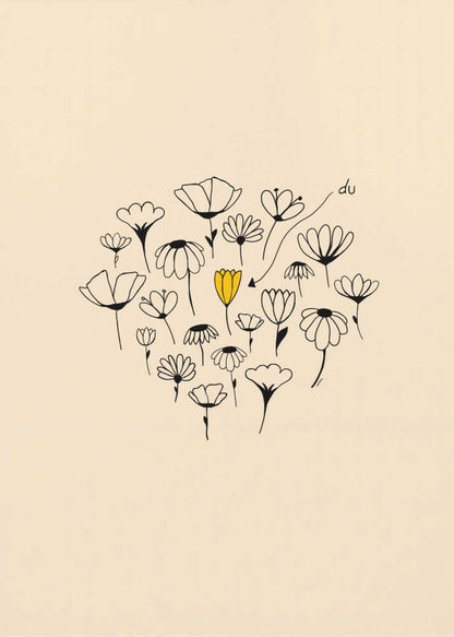 A minimalist art print with a cream-colored background and a thin black frame. In the center is a circular cluster of hand-drawn wildflowers in black ink, with one single flower colored a vibrant yellow, creating a pop of color. The style is simple and whimsical. Print