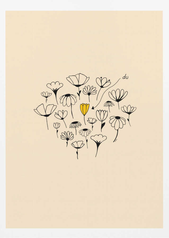 A minimalist art print with a cream-colored background and a thin black frame. In the center is a circular cluster of hand-drawn wildflowers in black ink, with one single flower colored a vibrant yellow, creating a pop of color. The style is simple and whimsical. Print