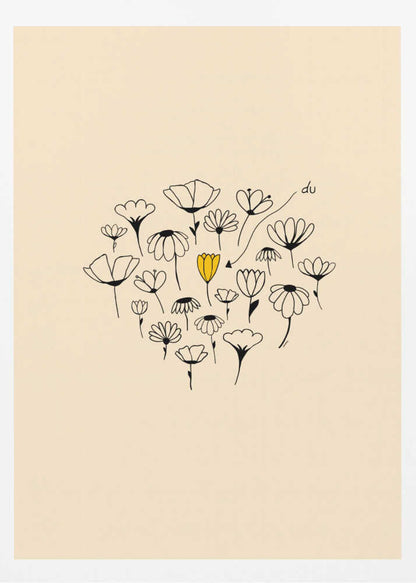 A minimalist art print with a cream-colored background and a thin black frame. In the center is a circular cluster of hand-drawn wildflowers in black ink, with one single flower colored a vibrant yellow, creating a pop of color. The style is simple and whimsical. Print