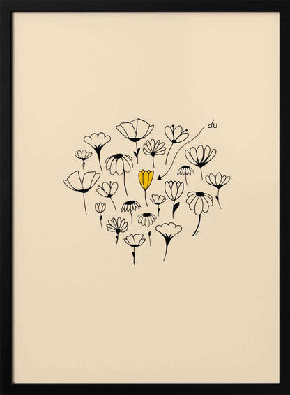 A minimalist art print with a cream-colored background and a thin black frame. In the center is a circular cluster of hand-drawn wildflowers in black ink, with one single flower colored a vibrant yellow, creating a pop of color. The style is simple and whimsical. Print