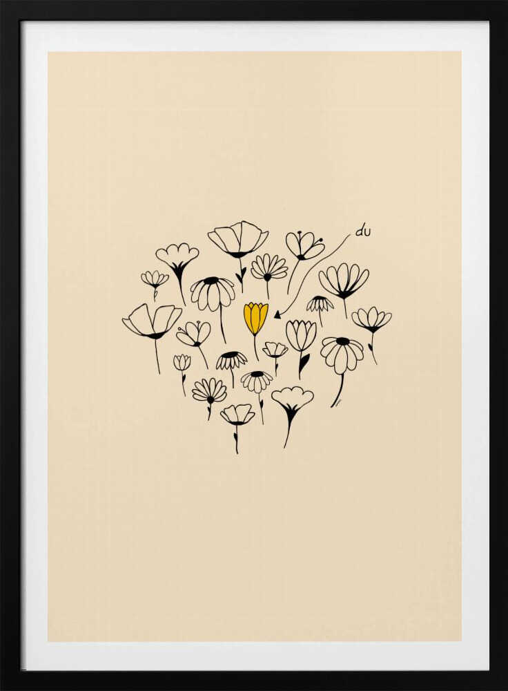 A minimalist art print with a cream-colored background and a thin black frame. In the center is a circular cluster of hand-drawn wildflowers in black ink, with one single flower colored a vibrant yellow, creating a pop of color. The style is simple and whimsical. Print