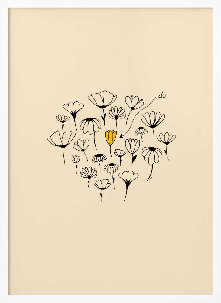A minimalist art print with a cream-colored background and a thin black frame. In the center is a circular cluster of hand-drawn wildflowers in black ink, with one single flower colored a vibrant yellow, creating a pop of color. The style is simple and whimsical. Print