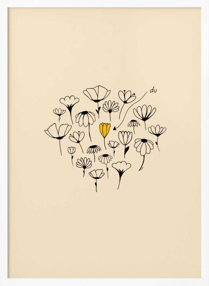 A minimalist art print with a cream-colored background and a thin black frame. In the center is a circular cluster of hand-drawn wildflowers in black ink, with one single flower colored a vibrant yellow, creating a pop of color. The style is simple and whimsical. Print