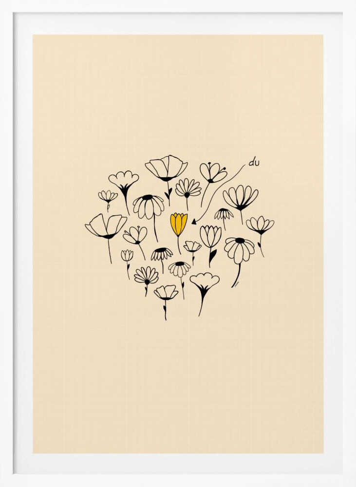 A minimalist art print with a cream-colored background and a thin black frame. In the center is a circular cluster of hand-drawn wildflowers in black ink, with one single flower colored a vibrant yellow, creating a pop of color. The style is simple and whimsical. Print