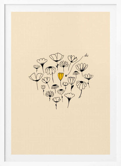 A minimalist art print with a cream-colored background and a thin black frame. In the center is a circular cluster of hand-drawn wildflowers in black ink, with one single flower colored a vibrant yellow, creating a pop of color. The style is simple and whimsical. Print