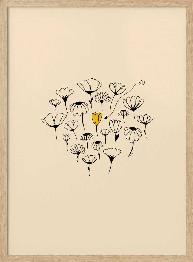 A minimalist art print with a cream-colored background and a thin black frame. In the center is a circular cluster of hand-drawn wildflowers in black ink, with one single flower colored a vibrant yellow, creating a pop of color. The style is simple and whimsical. Print