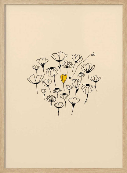 A minimalist art print with a cream-colored background and a thin black frame. In the center is a circular cluster of hand-drawn wildflowers in black ink, with one single flower colored a vibrant yellow, creating a pop of color. The style is simple and whimsical. Print