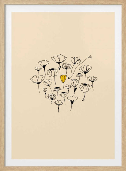 A minimalist art print with a cream-colored background and a thin black frame. In the center is a circular cluster of hand-drawn wildflowers in black ink, with one single flower colored a vibrant yellow, creating a pop of color. The style is simple and whimsical. Print