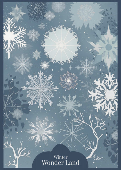A vertical art print with a winter theme, featuring a variety of white and light blue snowflakes of different sizes and intricate designs scattered across a dusty blue background. At the bottom, silhouettes of bare white tree branches are visible, and a dark blue cloud-like shape holds the text 'Winter Wonder Land' in a white font. The artwork is framed in black. Artwork