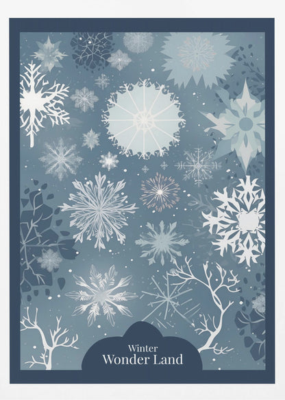 A vertical art print with a winter theme, featuring a variety of white and light blue snowflakes of different sizes and intricate designs scattered across a dusty blue background. At the bottom, silhouettes of bare white tree branches are visible, and a dark blue cloud-like shape holds the text 'Winter Wonder Land' in a white font. The artwork is framed in black. Artwork
