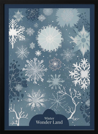 A vertical art print with a winter theme, featuring a variety of white and light blue snowflakes of different sizes and intricate designs scattered across a dusty blue background. At the bottom, silhouettes of bare white tree branches are visible, and a dark blue cloud-like shape holds the text 'Winter Wonder Land' in a white font. The artwork is framed in black. Artwork