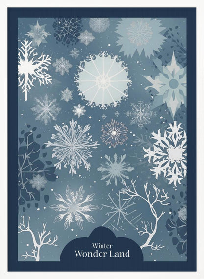 A vertical art print with a winter theme, featuring a variety of white and light blue snowflakes of different sizes and intricate designs scattered across a dusty blue background. At the bottom, silhouettes of bare white tree branches are visible, and a dark blue cloud-like shape holds the text 'Winter Wonder Land' in a white font. The artwork is framed in black. Artwork