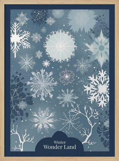 A vertical art print with a winter theme, featuring a variety of white and light blue snowflakes of different sizes and intricate designs scattered across a dusty blue background. At the bottom, silhouettes of bare white tree branches are visible, and a dark blue cloud-like shape holds the text 'Winter Wonder Land' in a white font. The artwork is framed in black. Artwork
