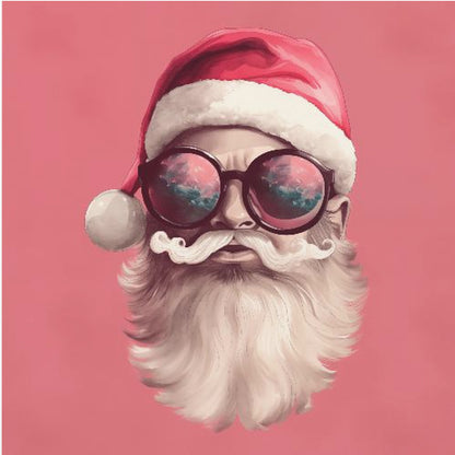 A modern, stylized portrait of Santa Claus against a solid pink background. He wears a classic red Santa hat and large, round sunglasses that reflect a colorful sky. His white mustache is perfectly curled, and he has a full white beard. Print