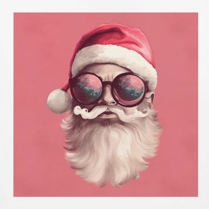 A modern, stylized portrait of Santa Claus against a solid pink background. He wears a classic red Santa hat and large, round sunglasses that reflect a colorful sky. His white mustache is perfectly curled, and he has a full white beard. Print