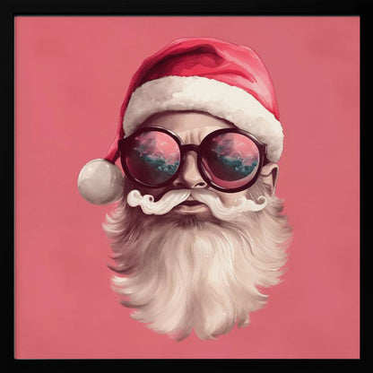 A modern, stylized portrait of Santa Claus against a solid pink background. He wears a classic red Santa hat and large, round sunglasses that reflect a colorful sky. His white mustache is perfectly curled, and he has a full white beard. Print