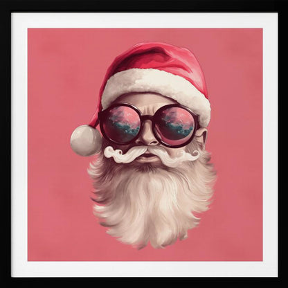 A modern, stylized portrait of Santa Claus against a solid pink background. He wears a classic red Santa hat and large, round sunglasses that reflect a colorful sky. His white mustache is perfectly curled, and he has a full white beard. Print
