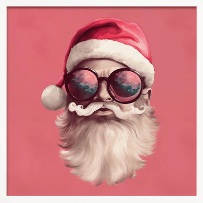 A modern, stylized portrait of Santa Claus against a solid pink background. He wears a classic red Santa hat and large, round sunglasses that reflect a colorful sky. His white mustache is perfectly curled, and he has a full white beard. Print