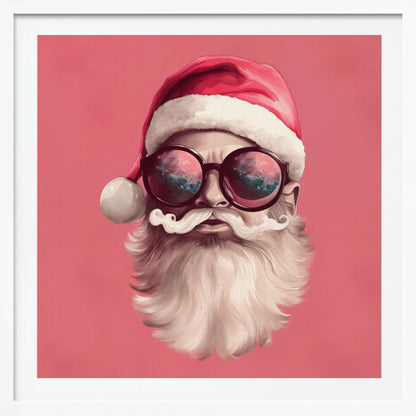 A modern, stylized portrait of Santa Claus against a solid pink background. He wears a classic red Santa hat and large, round sunglasses that reflect a colorful sky. His white mustache is perfectly curled, and he has a full white beard. Print