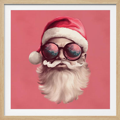 A modern, stylized portrait of Santa Claus against a solid pink background. He wears a classic red Santa hat and large, round sunglasses that reflect a colorful sky. His white mustache is perfectly curled, and he has a full white beard. Print