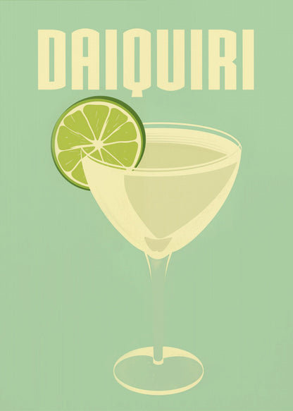 A vintage-style poster featuring a stylized illustration of a Daiquiri cocktail in a coupe glass, garnished with a bright green lime slice. The word 'DAIQUIRI' is displayed at the top in a bold, blocky, off-white font against a solid mint green background. The artwork has a minimalist and retro aesthetic. Decor