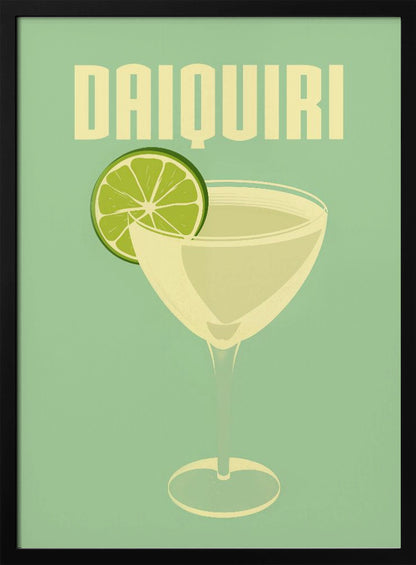 A vintage-style poster featuring a stylized illustration of a Daiquiri cocktail in a coupe glass, garnished with a bright green lime slice. The word 'DAIQUIRI' is displayed at the top in a bold, blocky, off-white font against a solid mint green background. The artwork has a minimalist and retro aesthetic. Decor