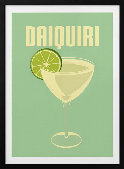 A vintage-style poster featuring a stylized illustration of a Daiquiri cocktail in a coupe glass, garnished with a bright green lime slice. The word 'DAIQUIRI' is displayed at the top in a bold, blocky, off-white font against a solid mint green background. The artwork has a minimalist and retro aesthetic. Decor