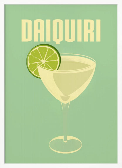 A vintage-style poster featuring a stylized illustration of a Daiquiri cocktail in a coupe glass, garnished with a bright green lime slice. The word 'DAIQUIRI' is displayed at the top in a bold, blocky, off-white font against a solid mint green background. The artwork has a minimalist and retro aesthetic. Decor