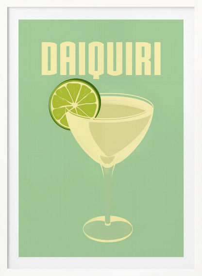 A vintage-style poster featuring a stylized illustration of a Daiquiri cocktail in a coupe glass, garnished with a bright green lime slice. The word 'DAIQUIRI' is displayed at the top in a bold, blocky, off-white font against a solid mint green background. The artwork has a minimalist and retro aesthetic. Decor