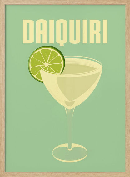 A vintage-style poster featuring a stylized illustration of a Daiquiri cocktail in a coupe glass, garnished with a bright green lime slice. The word 'DAIQUIRI' is displayed at the top in a bold, blocky, off-white font against a solid mint green background. The artwork has a minimalist and retro aesthetic. Decor