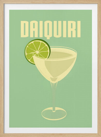 A vintage-style poster featuring a stylized illustration of a Daiquiri cocktail in a coupe glass, garnished with a bright green lime slice. The word 'DAIQUIRI' is displayed at the top in a bold, blocky, off-white font against a solid mint green background. The artwork has a minimalist and retro aesthetic. Decor